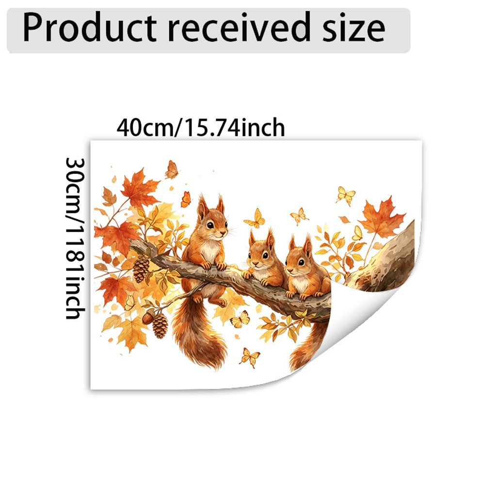 TEMU 1pc Autumn Tree Branch Squirrel Static Cling Window Decal, Maple Leaf Small Animal Glass Sticker, Glue-free And Reusable, Home Door Window Store