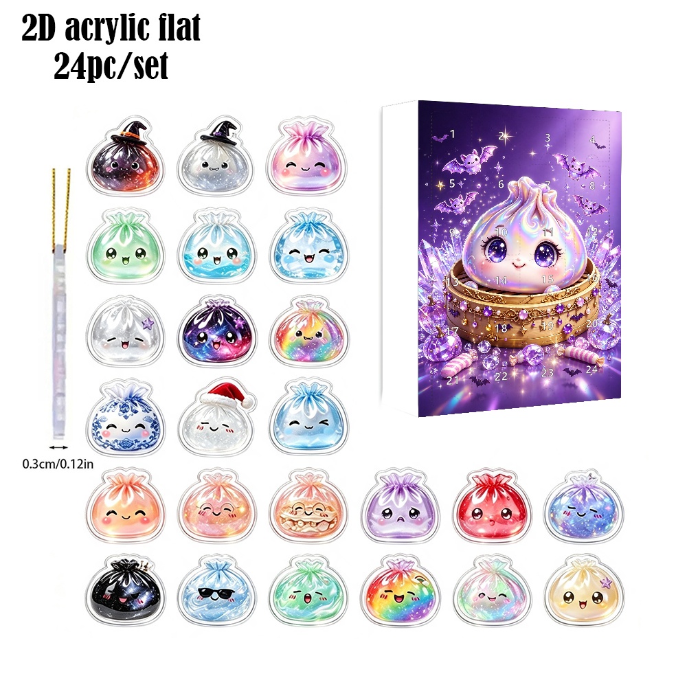 TEMU Calendrier de l'Avent 2D Plat 24 Personnages de Slime Kawaii 24 Jours, Lot de 24 Ornements Mignons Plats à Suspendre en Acrylique, Boîte Cadeau
