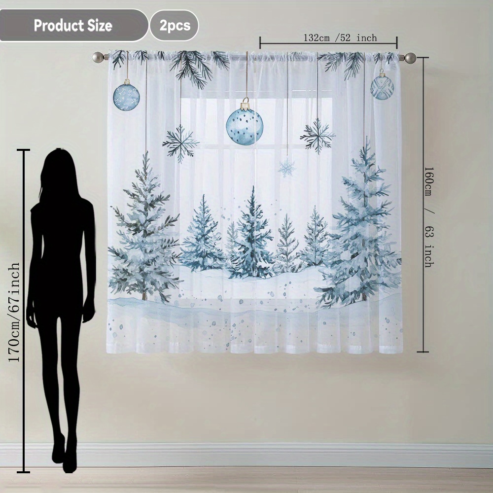 TEMU 2pcs Christmas Snow Scene Pine Tree Decor Sheer Curtains - Suitable For Kitchen, Cafe, Dining Room, Balcony & Garden