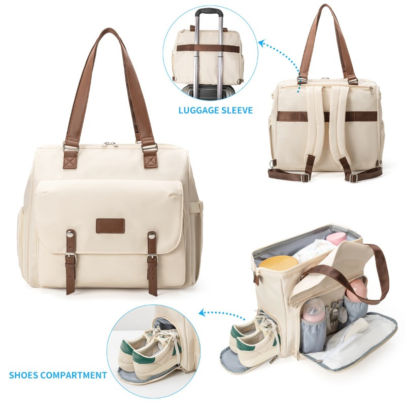 large capacity 3 in 1 convertible insulated mother bag backpack soft shell travel diaper backpack with multiple pockets beige black for long distance travel