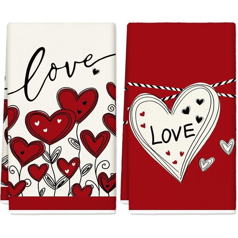 

2 Set 18 Inch *26 Inch Valentine's Day Gift Towel Valentine's Day Kitchen Towels Red Heart Dish Cloths Decorative Tea Towels For Baking, Cooking, And Cleaning Home Kitchen Decorations