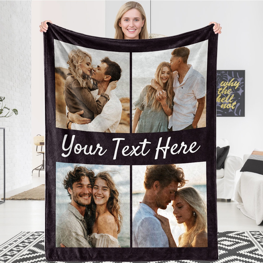 Image of 1pc Personalized Photo Text Blanket - Customizable With 4 Photos And 1 Of Text, 280gsm, Suitable For Sofas, Beds, Outdoor Use, Perfect Gift, Use, For Use In Air-conditioned Rooms In Summer.
