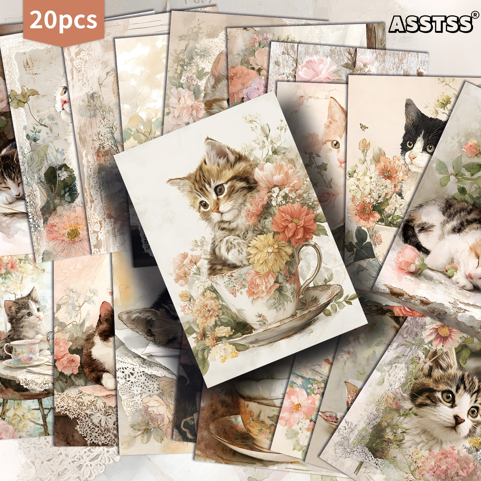 TEMU 20pcs Asstss (for Personalization Requests: Please Use English Brand Name) Pack Vintage Kitten & Flower Postcards - Retro Pinup Suitable For