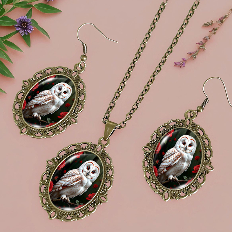 3pcs Rose White Owl Necklace & Earring Set