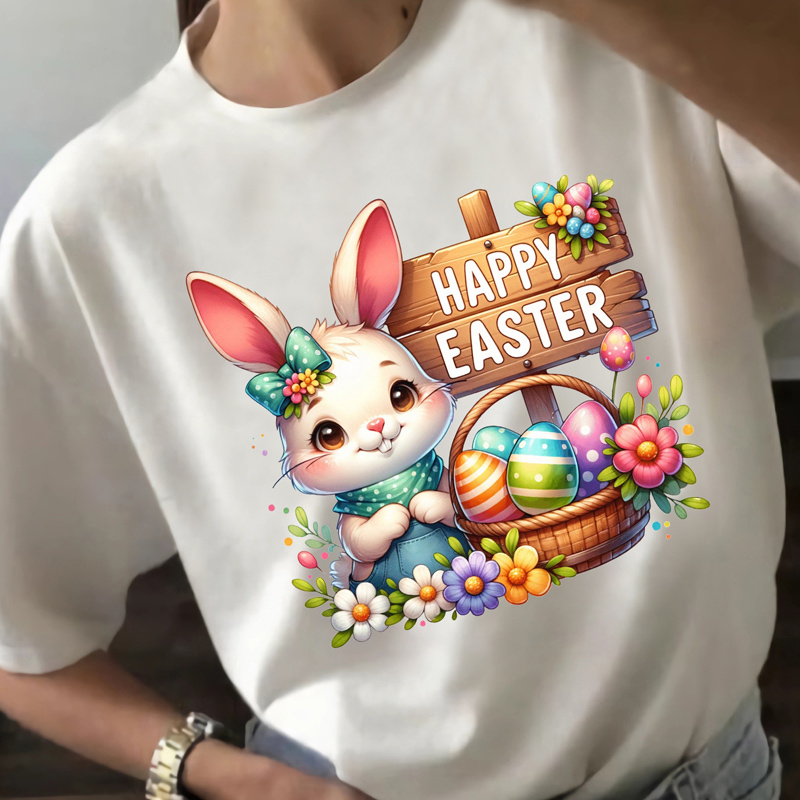 

Easter Bunny And Egg Floral Print Short-sleeve T-shirt, A Casual Stretchy Top For Women, For Wear And Summer.