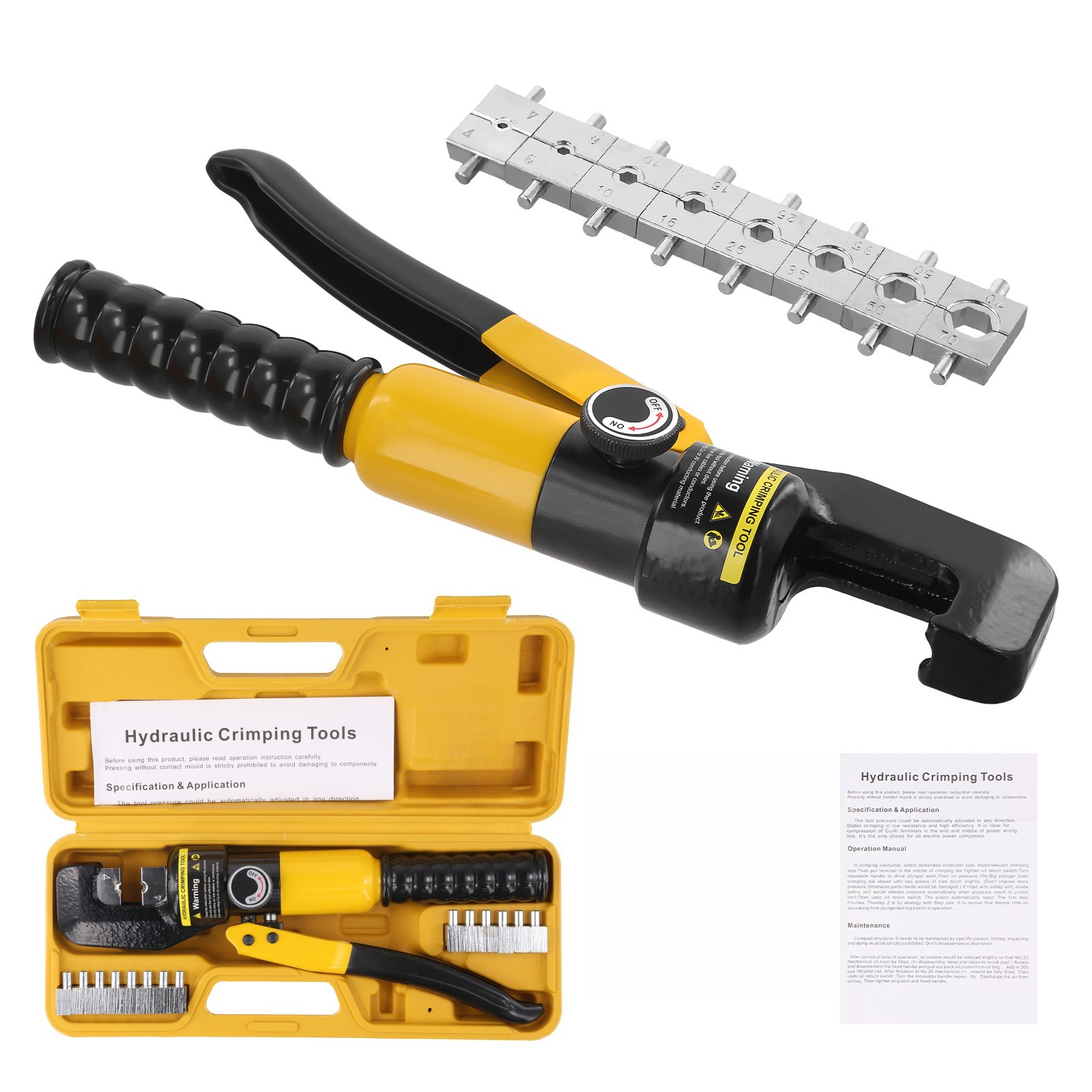 TEMU Yqk-70 Yellow Battery Cable Terminal Manual Hydraulic Crimping Tool Set With Hexagonal Dies For 6/4/10/16/25/35/50/70 Mm2 Cables And Plastic