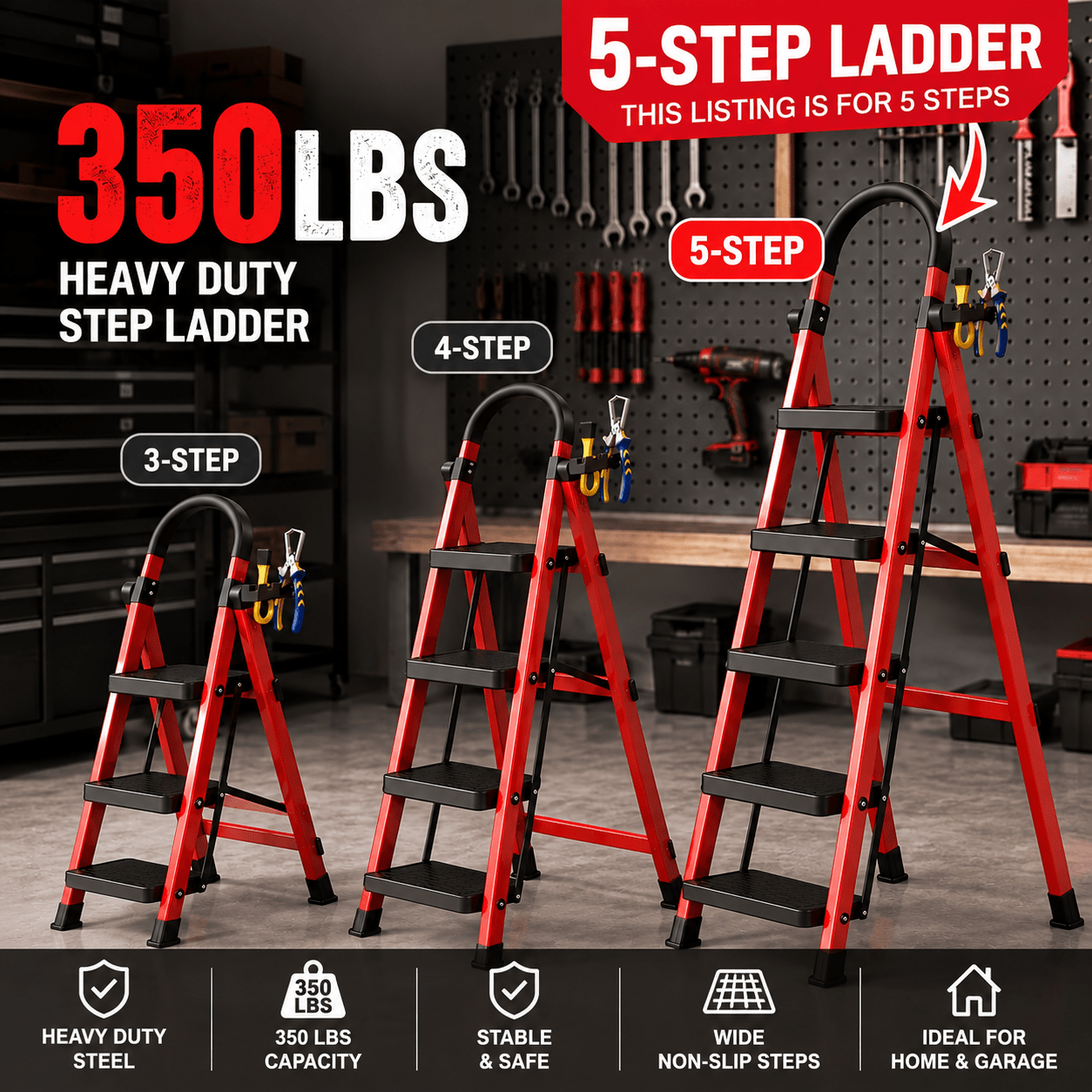 TEMU Heavy-duty Step Portable Folding Ladder, 250/300/350 Lbs Load Capacity, Durable Metal And Plastic Material With Non-slip Steps, Lightweight And