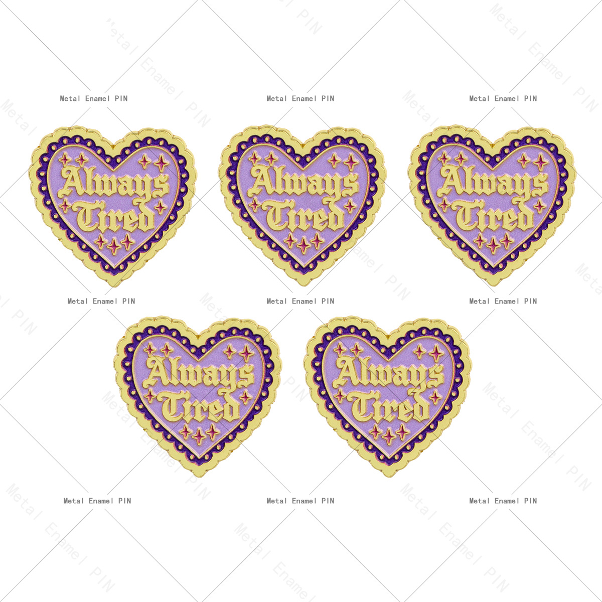 TEMU 5pcs/set Funny " Tired" Enamel Pin Brooch Badge - Retro Purple & Golden Suitable For Backpacks, Jackets, Hats | Mental Health Jewelry Gift For ,