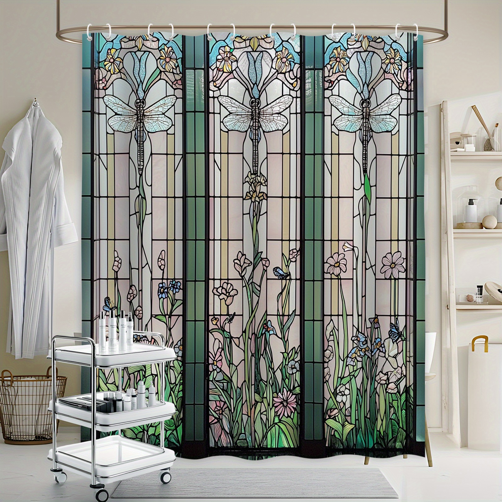 TEMU 1pc Stained Glass Floral Shower Curtain With Blue And Mosaic Effect, Polyester Fiber, Bathroom Decoration, 70.8x70.8 Inches, With 12 Hooks