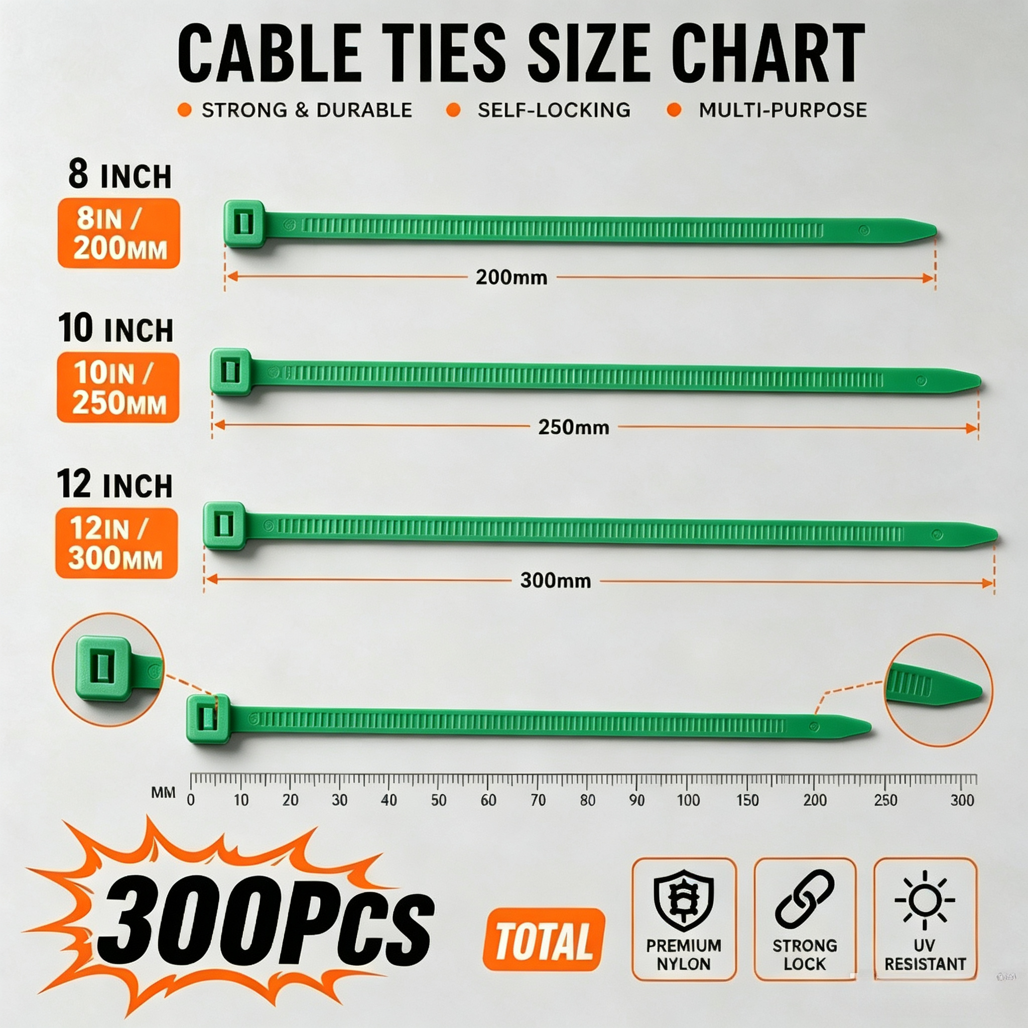 TEMU 300pcs Green Heavy Duty Zip Ties, Assorted Sizes 8/10/12 Inch Cable Ties With 18-50 Lbs Tensile Strength, Self-locking Nylon Tie Wraps For Cable