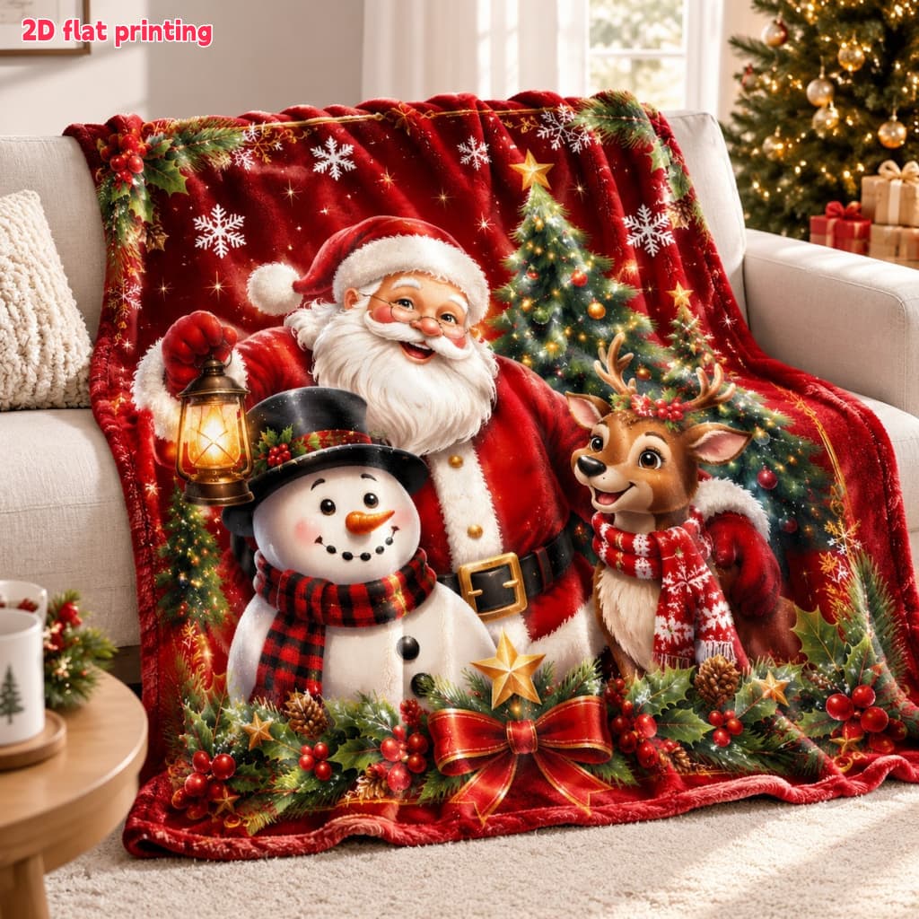 TEMU 2d Flat 1pc, Festive Santa Claus Snowman Reindeer Printed Comfortable Plush Blanket - Vibrant Red Festive Design, Soft And Warm, Suitable For ,