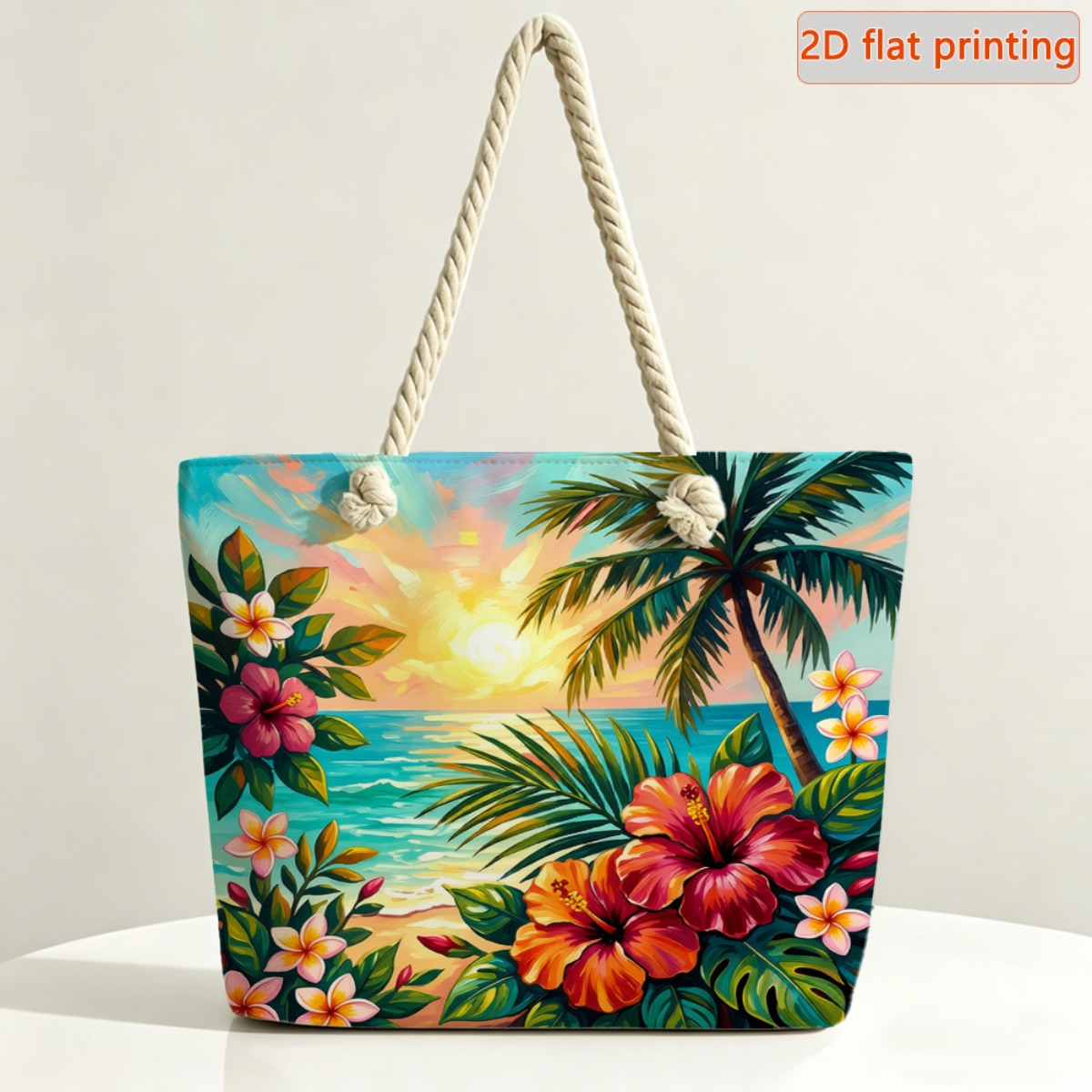 TEMU 1pc 2d Flat Women's Large Capacity Travel Tote Bag, Beach Printed Pattern - Fiber Beach Bag, Double Comfortable Handles And Removable Shoulder