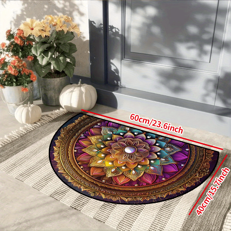 TEMU 1pc Non-slip Half Round Mat - Vibrant Mandala Pattern Polyester Indoor/outdoor Entryway Mat, Machine Washable Decorative Floor Mat For Bedroom,