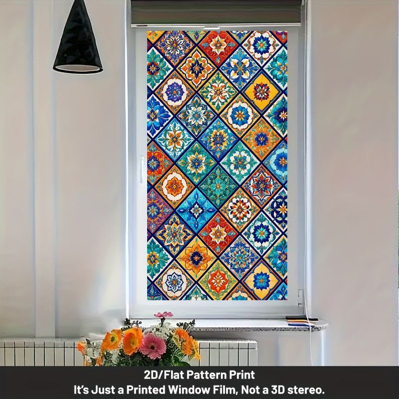 TEMU 1 de película de vidrio 2D para ventanas, adhesivo para ventanas, múltiples tamaños disponibles, adhesivo decorativo retro con geométrico de