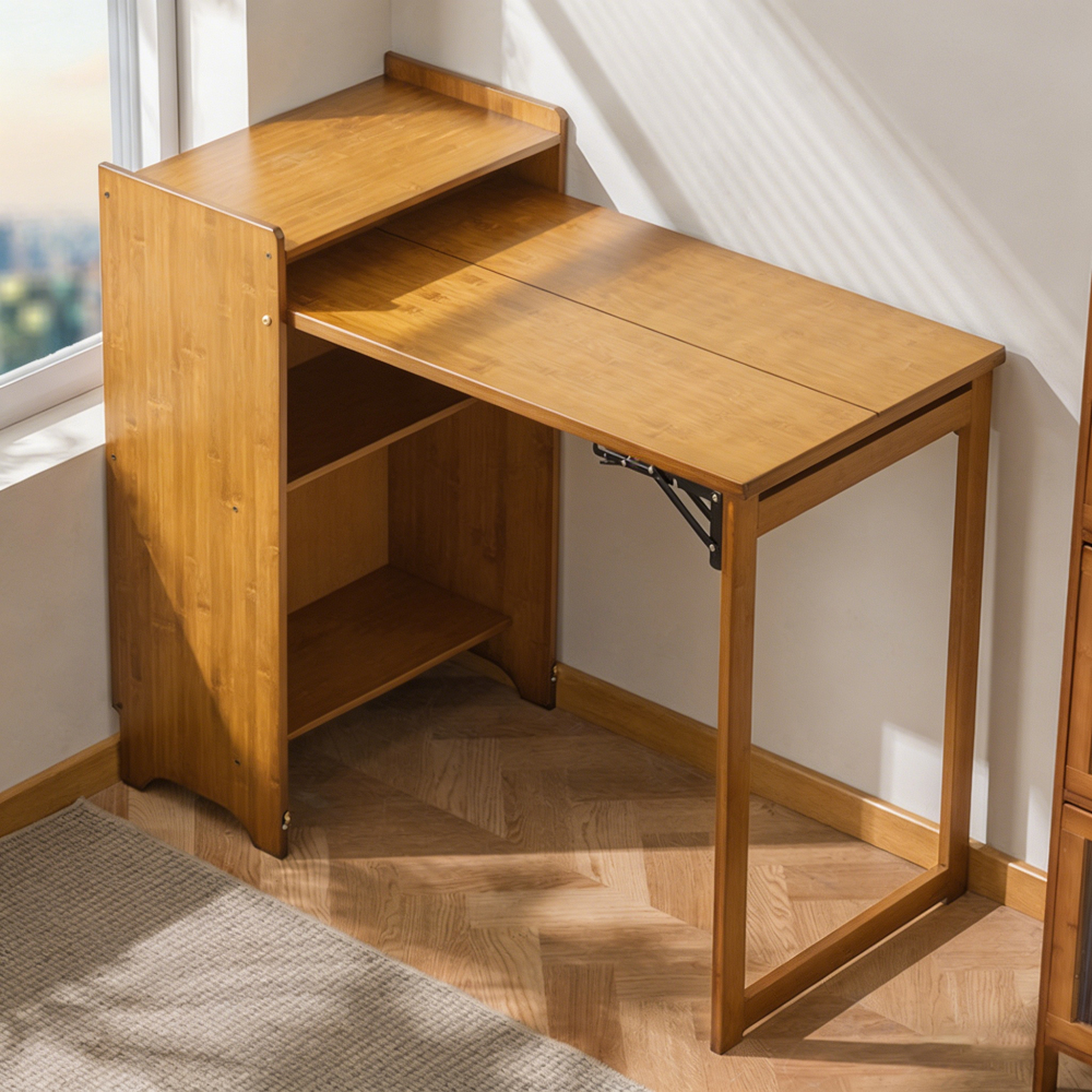 Bamboo Folding Desk for Small Spaces with Storage, Foldable Mid Century Modern Drop Leaf Desk, Vintage Fold Out Hideaway Small Desks for Bedroom Or Home Office