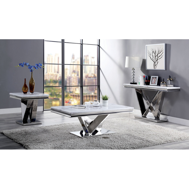 1pc End Table Modern Glam Style 18Mm Faux Marble on Top Rectangular V-Shape Pedestal Base Stainl Steel Metal Structure Chroma End Coffee Table-Not Included