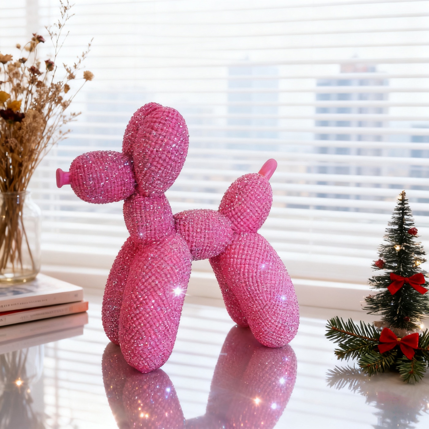 TEMU 1pc, Fashionable Balloon Dog Sculpture - Pink Shiny Resin Art Ornament, Suitable For Home And Office Decor, Perfect For Bookshelf, Coffee Table,