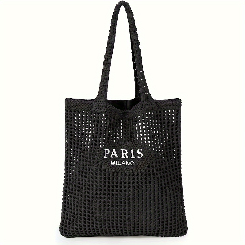 A Women's Knitted Tote Bag - Paris Letter Opening Shoulder Bag, Breathable Beach & Travel Bag, Hand Washable Fabric, Casual Shopping Accessory, Durable Woven Design, For Fashion Enthusiasts