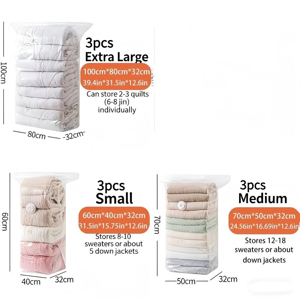 Image of 9pcs Thickened Pump-free 3d Compression Bags, Vacuum Storage Bags For Clothing, Bedding, And Down Jackets, Extra Large, Random Valve Included
