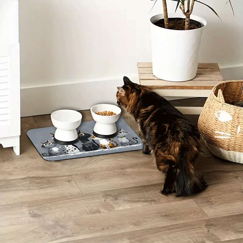 E-shop Rutschfeste graue Basis 5-schöne Katzen Warteschlangen Haustier Fütterungsmatte, Niedliches Design, Anti-Spritz und leicht zu reinigende