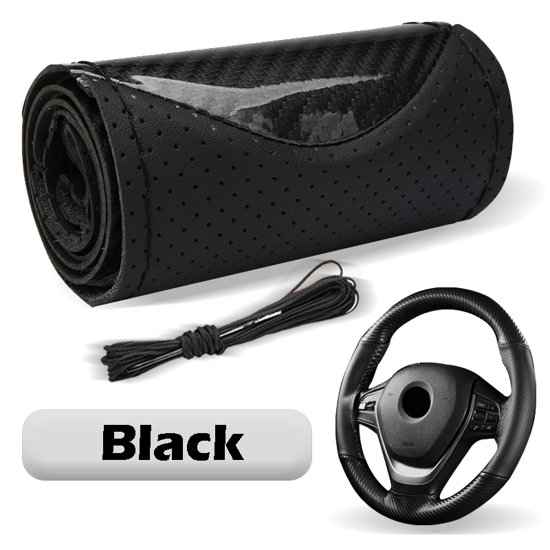 TEMU Carbon Fiber Pu Leather Stitched Sports Steering Wheel Cover, Universal Fit For 15-inch Wheels With Stitching