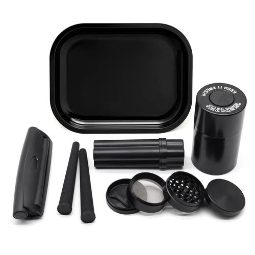 7pcs set black smoking set a rolling tray storage jar 2 in 1 pipe 2 pipes a 50mm metal grinder and a black cigarette rolling machine design it a great household gadget valentines day holiday gifts