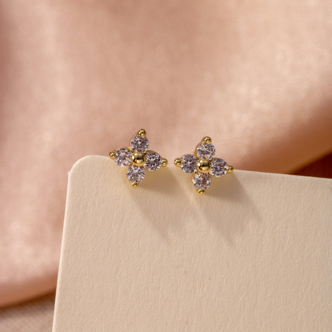 999 24K Solid Gold Lucky Clover Stud Earrings Pure Gold Four Leaf Studsmall Tiny Earrings ZHOU LIU FU For Women ZHOU LIU FU