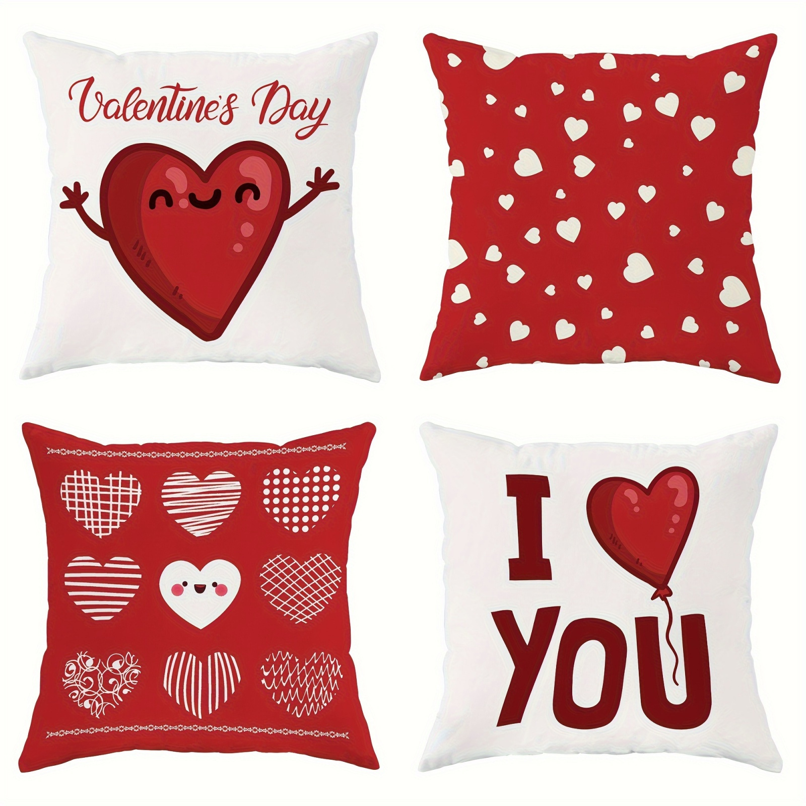 

4pcs Valentine's Day Pillow Covers - Red & Designs, 100% Polyester, 18"x18", Zip Closure, Machine Washable - Ideal For Sofa & Bed Decor, Perfect Gift For , Cute Pillows