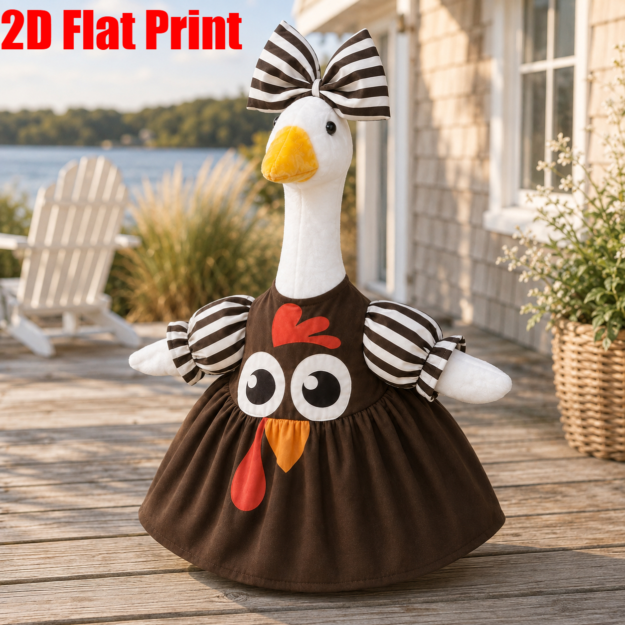 TEMU 2pcs 2d Flat Print Fits 23 Inch Porch Goose Outfit, Print Puff Sleeve Dress With Striped Big Bow Headband, Thanksgiving Farmhouse Porch Yard