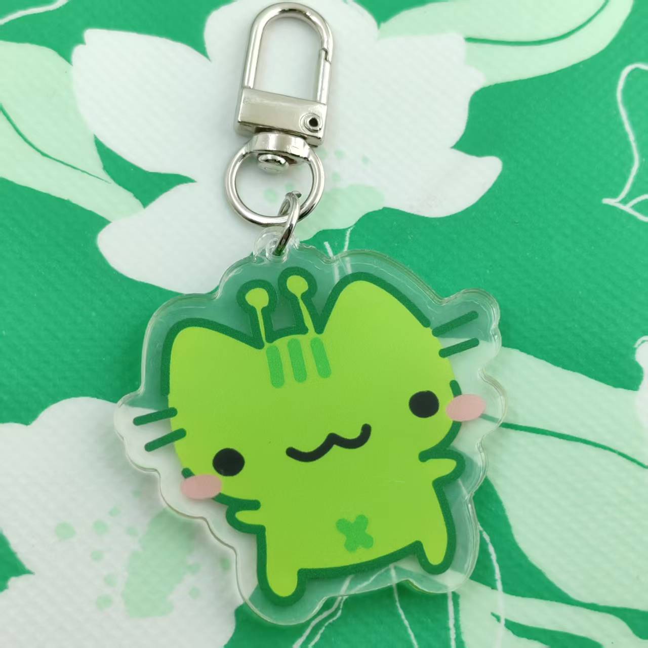 Image of 2d Flat Adorable Green Keychain With Antenna & | Unique Cute Gift For Fans, Students, And Couples, Acrylic Material, Double Sided Printing, Transparent Color