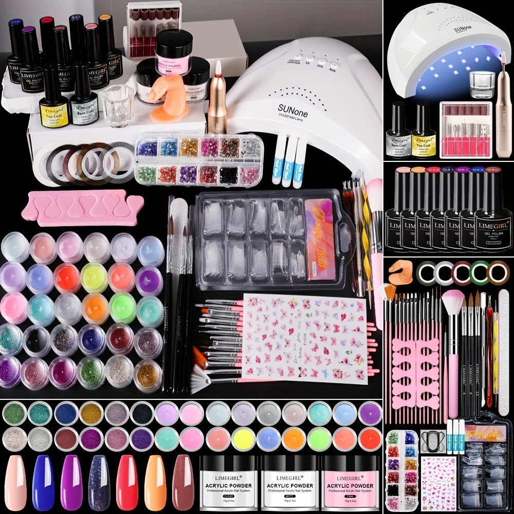 -one Nail Art Kit For Beginners And Professionals, Led Nail Dryer, Electric Nail Drill, Gel Polish Colors, Acrylic Powder, Nail Tips, Glitter, Rhinestones, And Manicure Additions