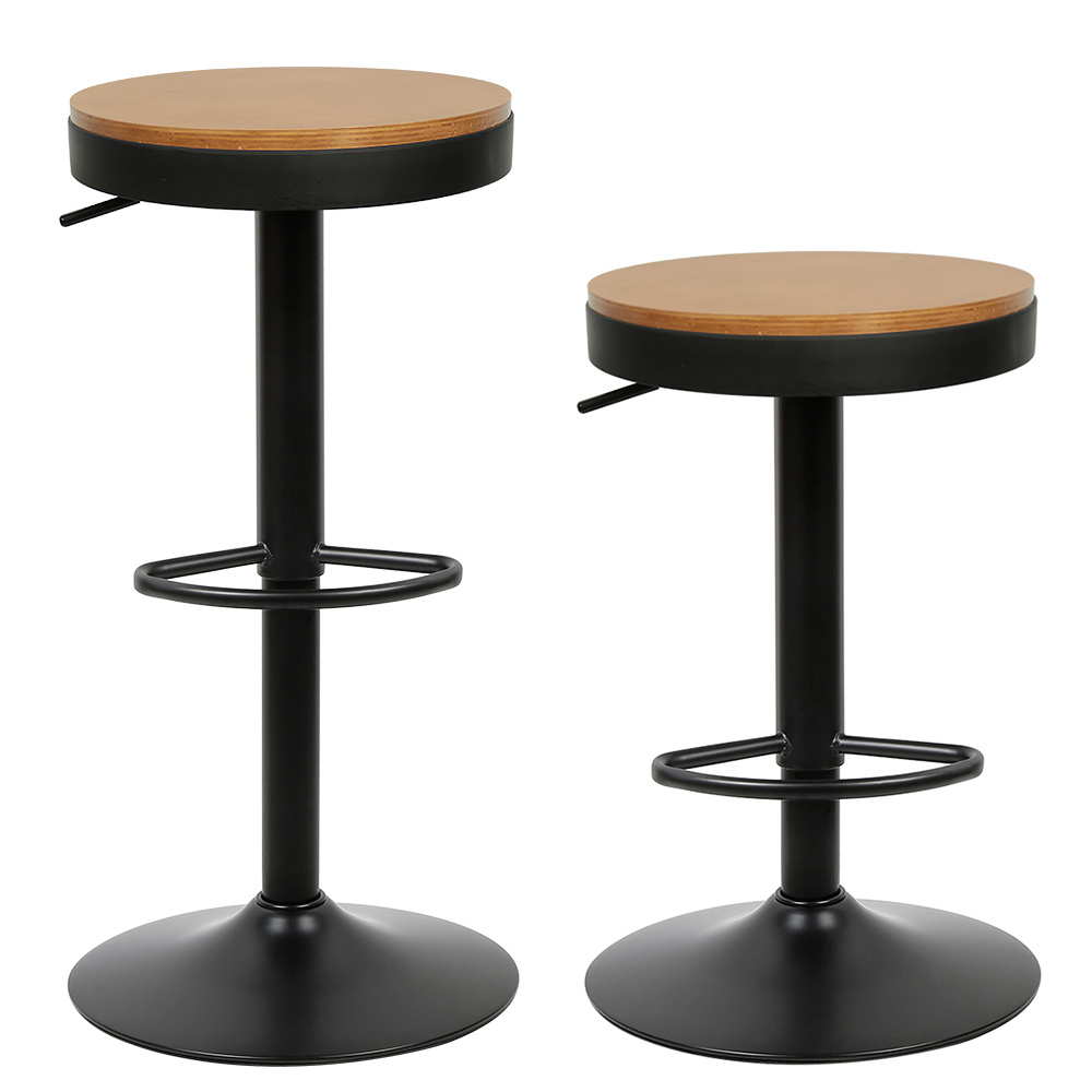 Set Of 2 Round Bar Stools, With Enlarged Base, Height Adjustable And Swiveling, Black.