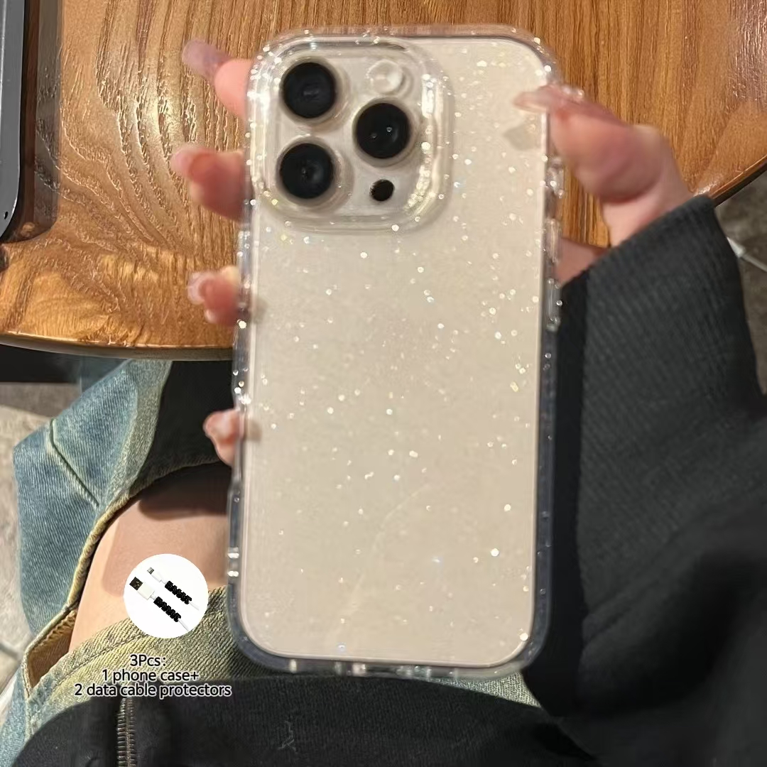 TEMU Phone Case - 3pcs: 1 Phone Case And 2pcs Gifts (2 Data Cable Protectors), New Luxury Transparent Glitter Anti-drop Phone Case, Protective Cover