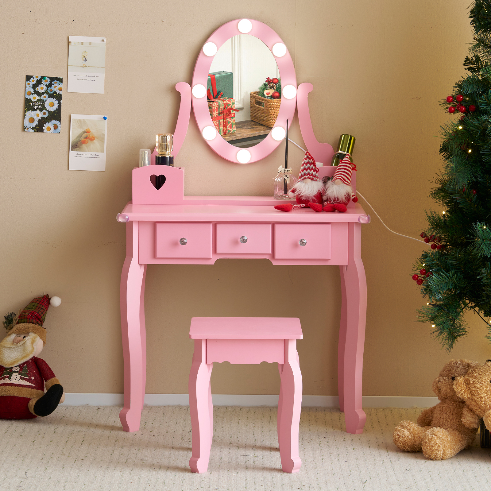 TEMU Leadzm Small Makeup Vanity Desk Set In Light Yellow - Modern Dressing Table With 3 Drawers, Heart-shaped Mirror & Lights, Girls' Room Decor, Ideal Holiday Gift, , Home Gifts, Leadzm