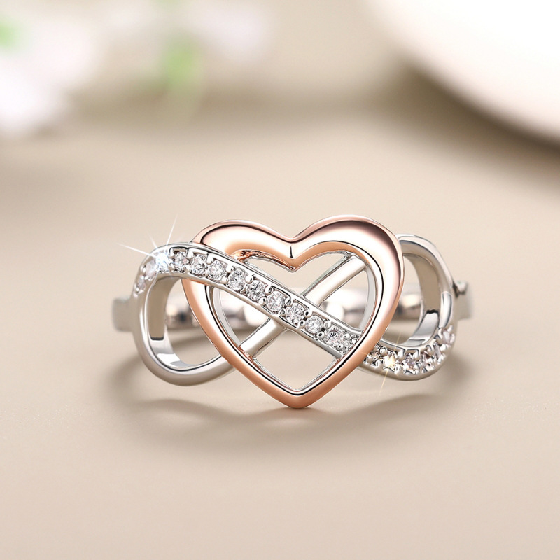 E-shop Exquisiter Synthetischer Zirkonia Unendlichkeitsring Klassischer Zweifarbiger Herzring für Frauen Verlobungs- Ehering Valentinstag Geschenk