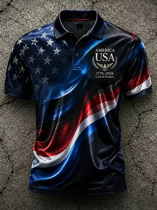 item picture mens 250th anniversary shirt gradient shoulder glossy wave stripe graphic usa wreath letter logo sport golf tee