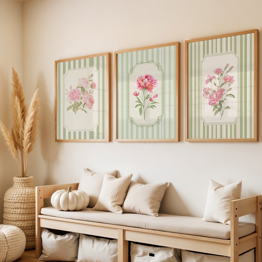 TEMU Ensemble de 3 pièces 2D plat, Art mural, Affiche rétro, Impression d' à rayures abstraites, Peinture sur toile de plantes vert sauge et rose,