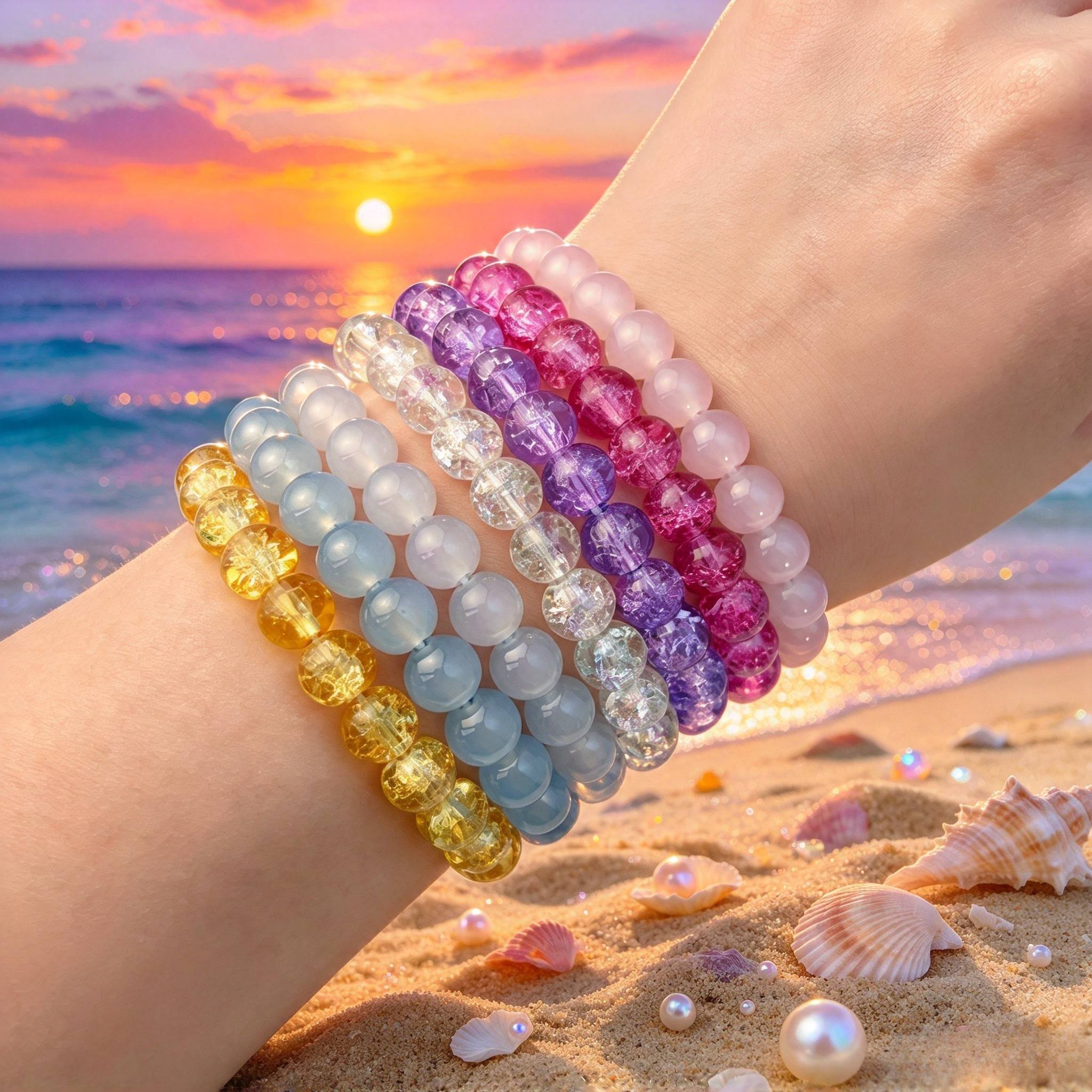 10pc Multi-Color Ice-Crack Burst Flower Bead Bracelet Set