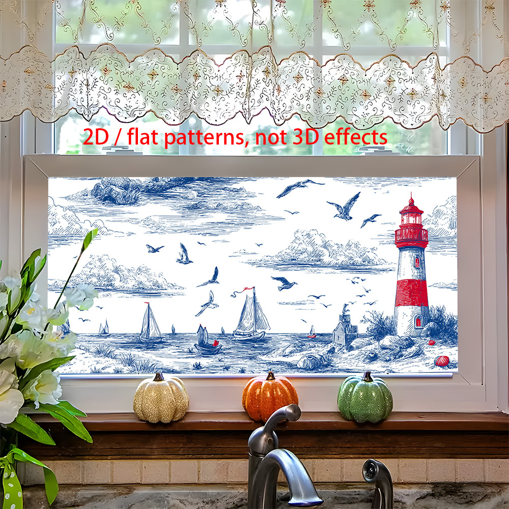 E-shop 2D Flach, 1 Stück Großer & Segelboote Statische Fensterfolie - PVC Sichtschutzfolie mit 2D -Design (, Segelboote, , Möwen) für Büro, Bad,