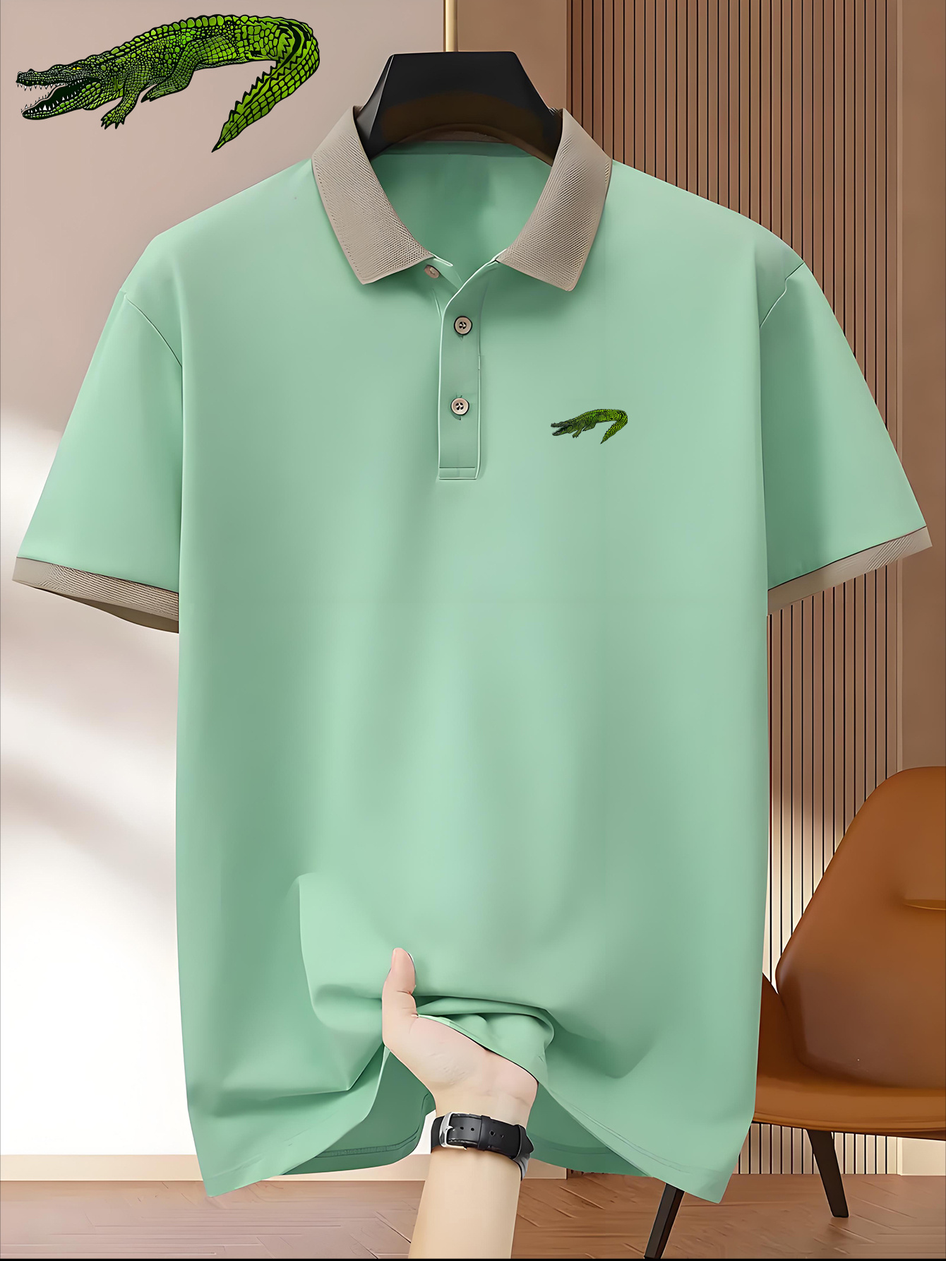 Men'S Premium Business Casual Polo Shirt - Knit Polyester Fabric, Regular Fit, Short Sleeve, Lapel Collar, Slight Stretch, Geometric Pattern with Button Detail, Summer Style