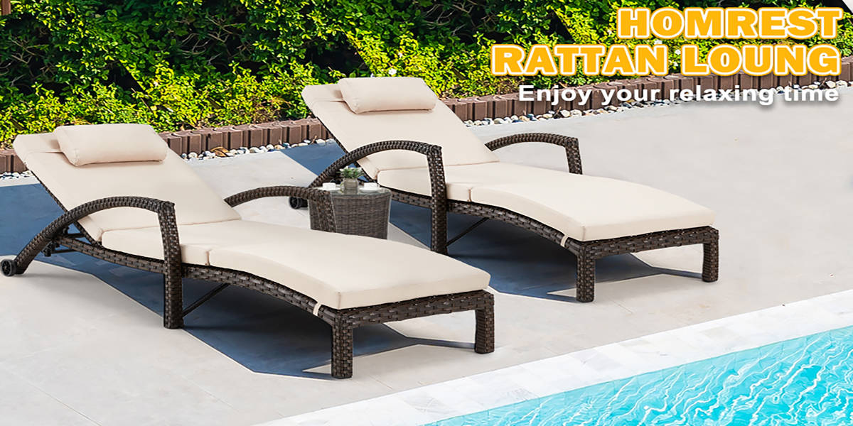 Set of 2 Outdoor Wicker Chaise Lounge Chairs with Cushions, 5-Position Adjustable Patio Rattan Recliners with Wheels for Pool, Garden & Balcony