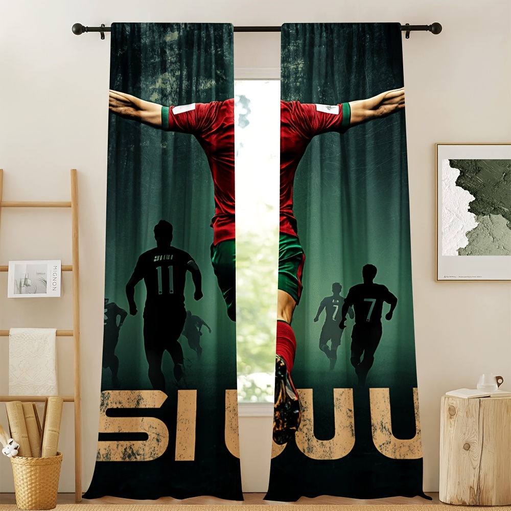 TEMU 2d Flat, 2pcs Football-themed Curtains Suitable For Room, With Player & "hi!" Print, Dark Green Background Window Panels, Semi- Panels For Rod