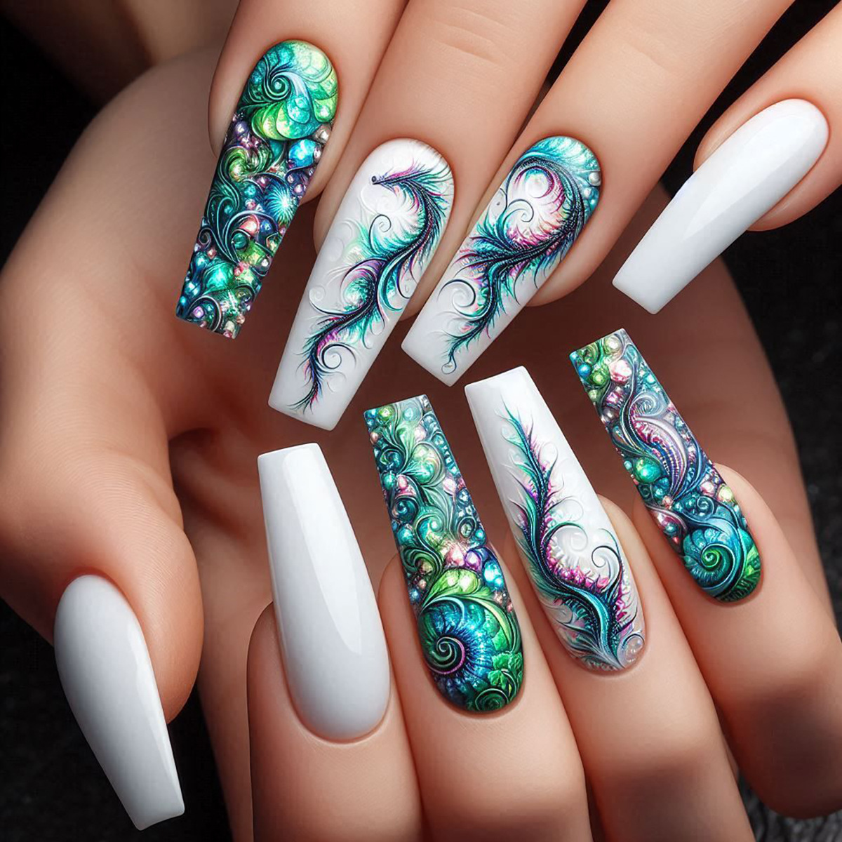 TEMU 72pcs 3boxs Elegant Green Dragon Totem Super Long Ballet Nail Fake Nail Sweet And Cool Retro Style Wearable