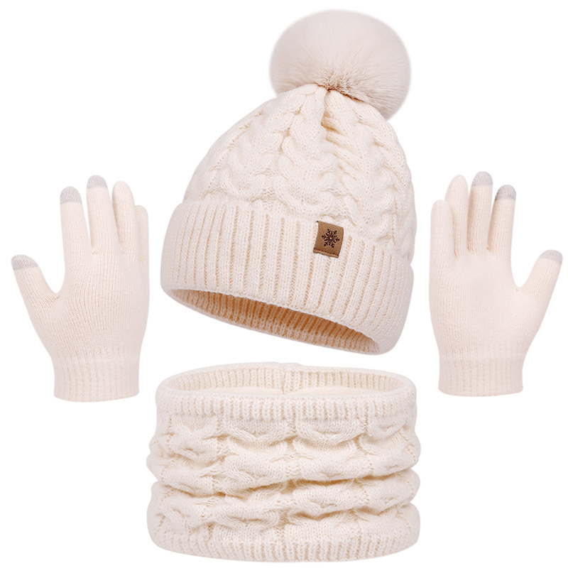 TEMU 3pcs Autumn/winter Hat, Scarf, And Gloves Set, Large Ball Beanie With Ear Flaps, Touchscreen-compatible -lined Gloves, And -lined Neck Warmer,