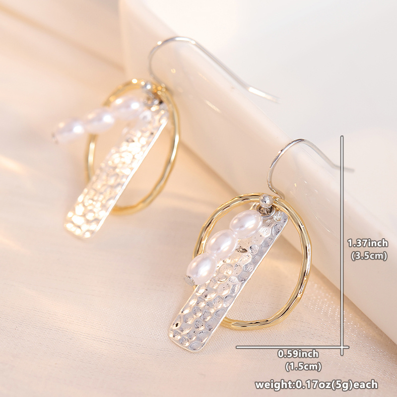 Bohemian Style White Round Beads & Oval Hollow Pendant Earrings
