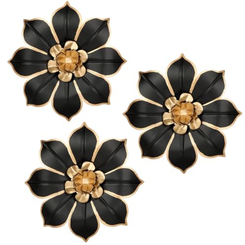TEMU Metal Flower Wall Decoration Black And Golden Color Wall Art Hanging Decoration 3pcs Set Rustic Floral Sculpture Wall Decor Suitable For Indoor