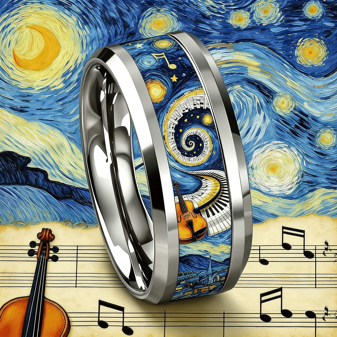 Van Gogh's Starry Sky Violin Note Stainless Steel Ring, Retro Style