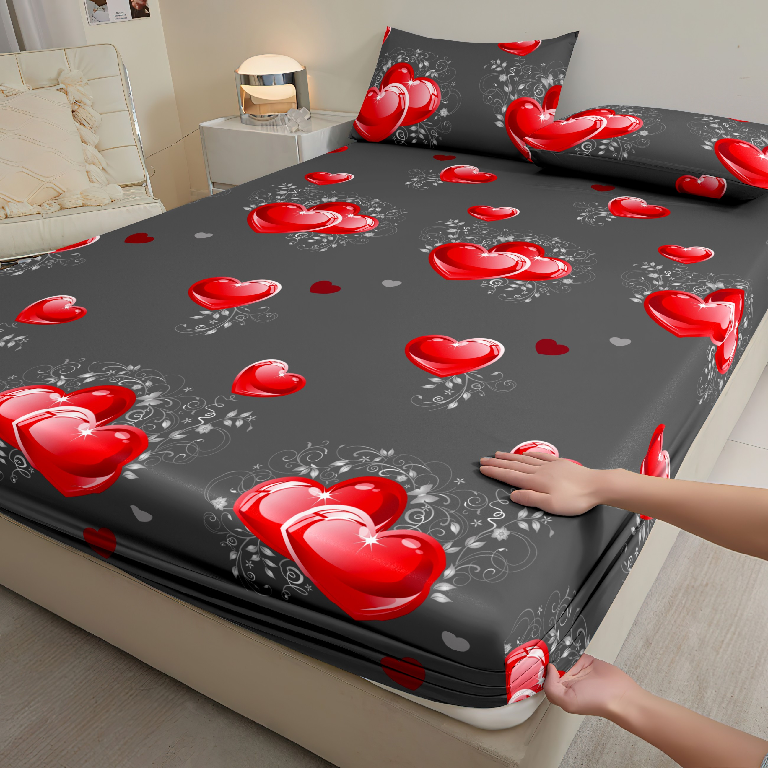 3pcs Fitted Sheet with Peach Heart Print Bedding, Stylish And Classic Print, Soft And Comfortable, Suitable for Bedroom And Guest Room, One Fitted Sheet + Two Pillowcases, No Pillow Core