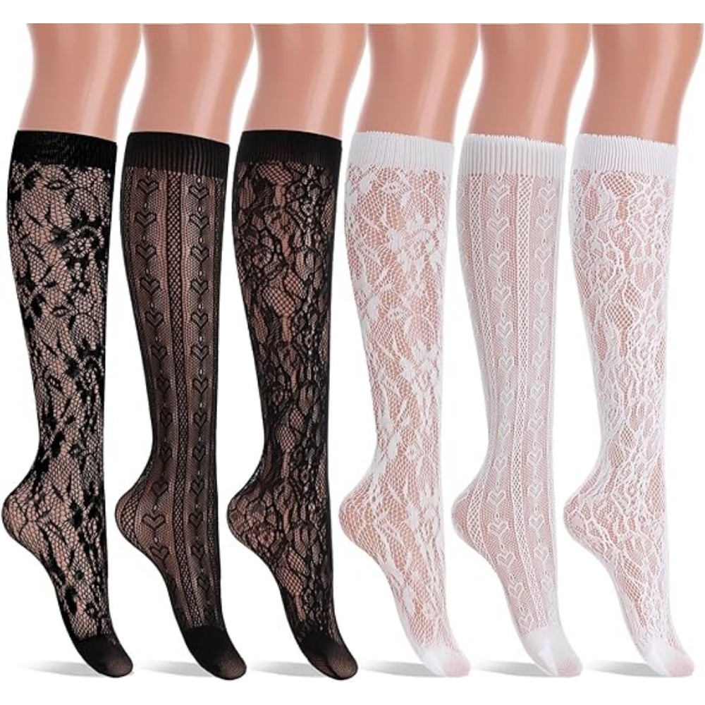 Image of 6 Pairs Of Spring/summer Thin Women's Fishnet Knee High Socks, Fashionable Hollow Out Long Socks, Women's Calf Socks