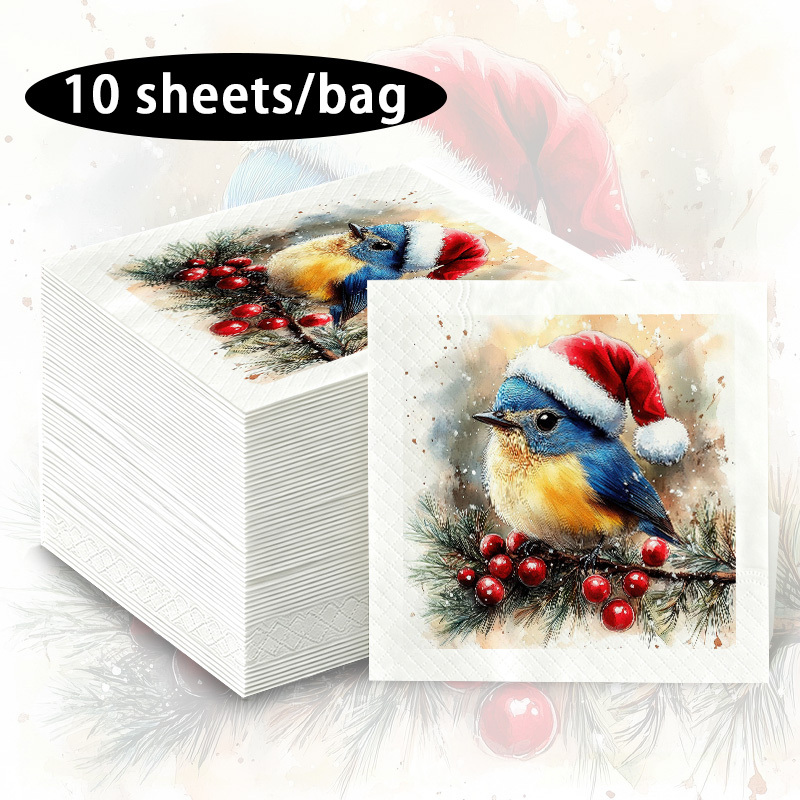 TEMU Adorable For Blue Bird Christmas Hat Napkins, Featuring A Print Of Little Birds With Pine Branches And Berries, Are A Popular Choice For Festive